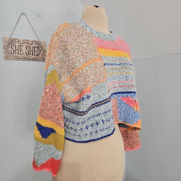 Sincerely Jules Sweater Colorful Boho Chunky Knit Cropped Womens Medium Oversize - Picture 3 of 14
